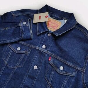 Levis Trucker Jacket Mens Large Dark Wash Blue Denim Standard Fit Jean Coat